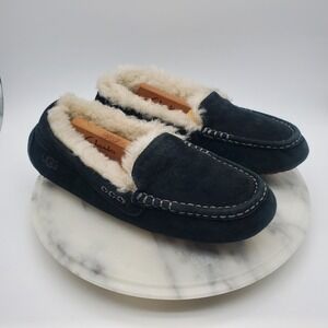 UGG Ansley Women's Slipper Black Suede Moccasin Size 7 Sheepskin Warm 1106878